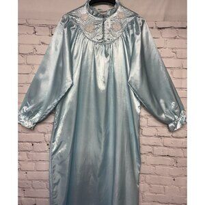 Vtg Sz M Embroidered Blue Satin Robe Gown Loungewear Housecoat